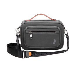 A gray RFID blocking messenger bag with multiple pockets and a detachable shoulder strap. The bag has a sleek, modern design and is suitable for everyday use or travel.