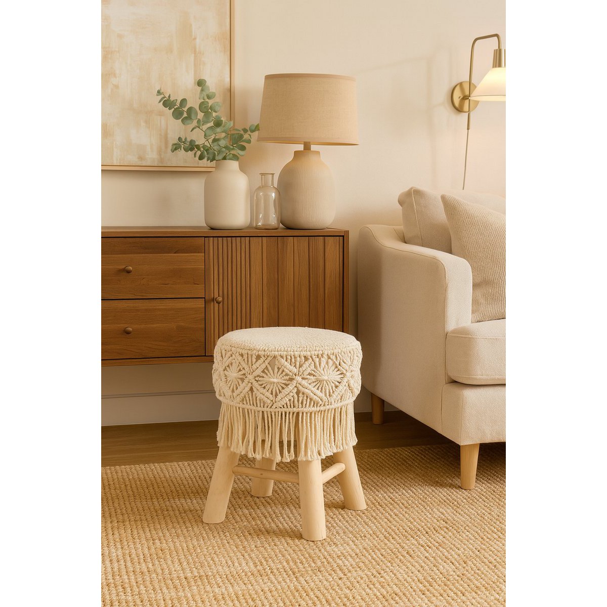 Bohemian wooden stool with handmade macramé - Ø32 x 42 cm - boho side stool / seat stool / ottoman of natural materials - decorative stool for living room, hall or bedroom - brown
