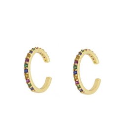 Shiny gold-tone hoop earrings with a row of multicolored crystals or stones. The earrings have a classic C-shaped design and a simple, elegant style.