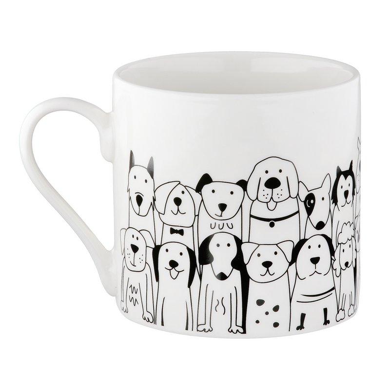 Tasse / Becher, "Hundebande", Hundmotiv, Knochenporzellan, weiß, VE 6, L. 8.8 cm, B. 12.5 cm, H. 9 cm