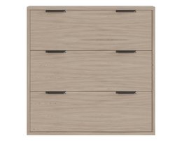 A modern, minimalist 3-door shoe rack made of oak wood with a light, natural finish. Provides ample storage space for shoes and other items.