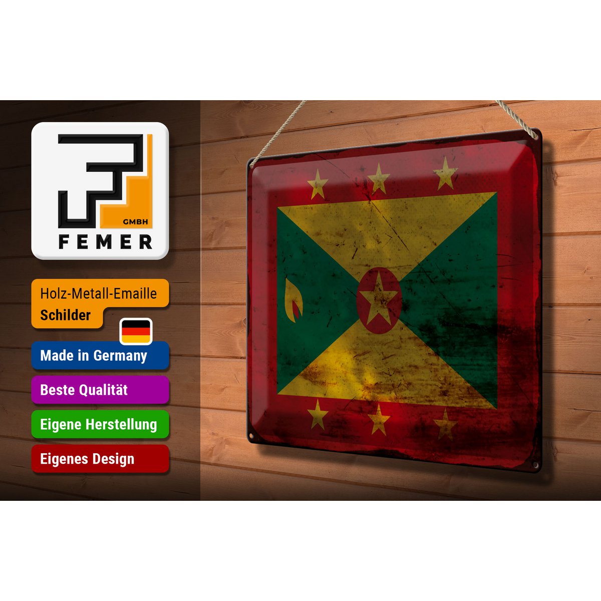 Blechschild Flagge Grenada 40x30cm Flag of Grenada Rost
