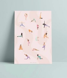 Colorful poster featuring various yoga poses and silhouettes of people practicing yoga. Suitable for home decor, yoga studios, or as a gift for yoga enthusiasts.