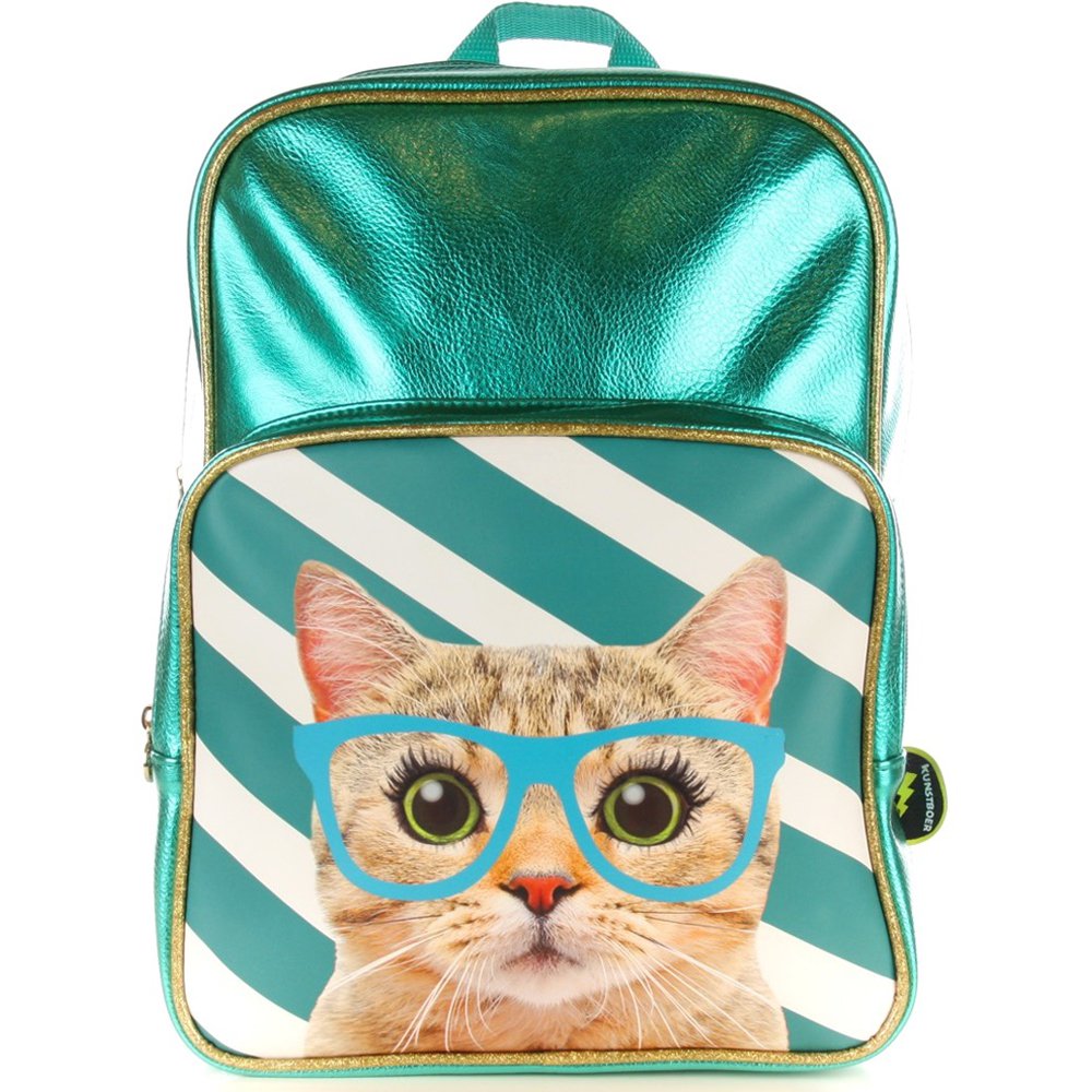 Backpack Cat with blue-green glasses