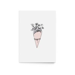 Floral bouquet in a pink paper cone, simple black and white illustration.