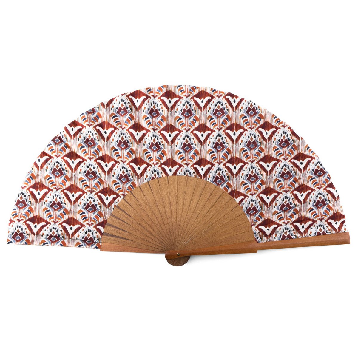 Ikat-inspiriertes Seidenlüfter-handgefertigt in Spanien mit Bocapi Wood