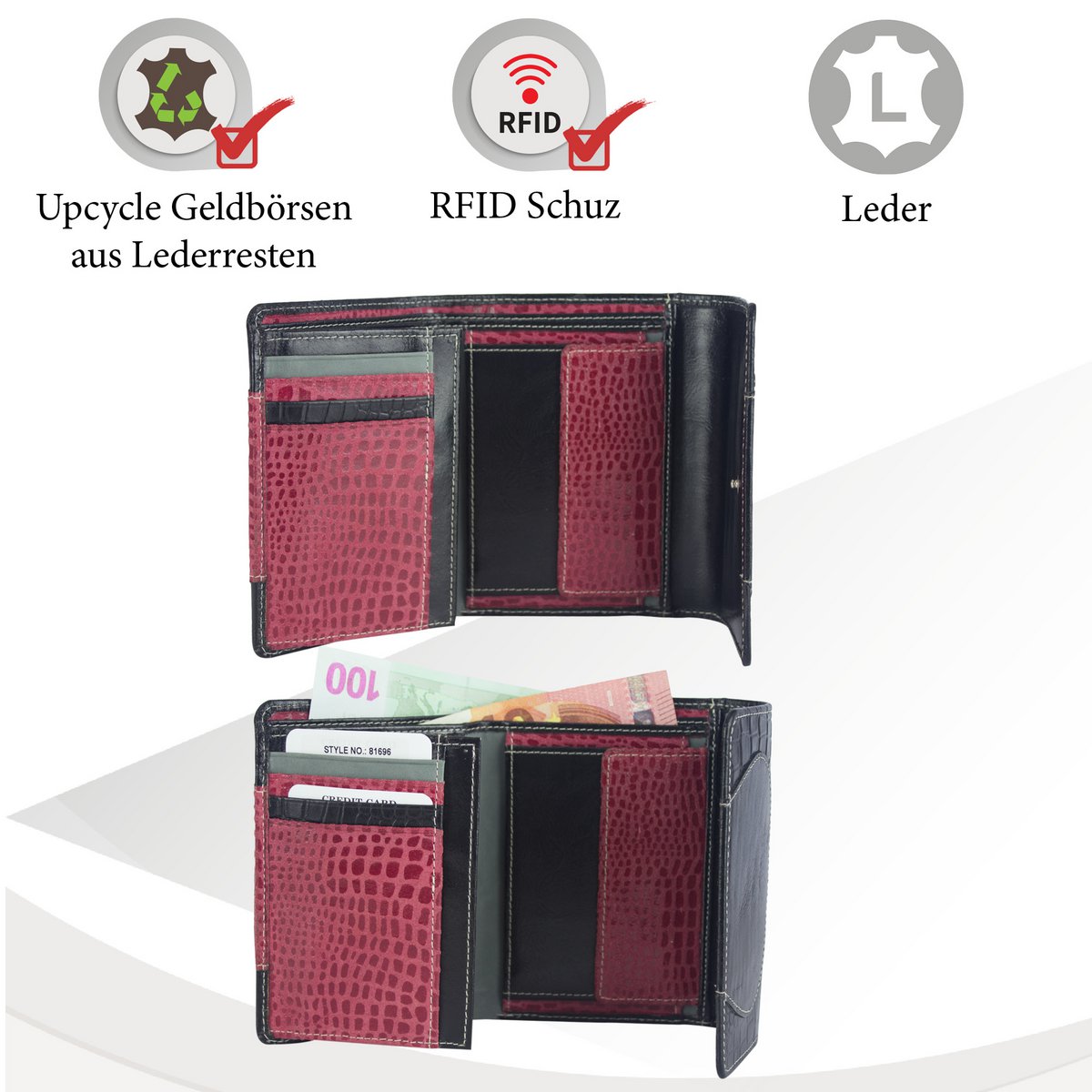 Sunsa damesportemonnee. Leren portemonnee. Portemonnee met RFID-bescherming. Portemonnee gemaakt van overgebleven leer. middelgrote portemonnee voor dames met veel creditcardvakjes - portemonnee voor dames, cadeau-idee
