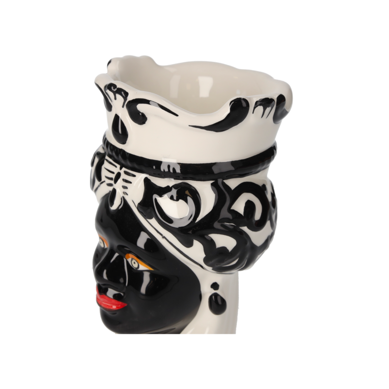 Weiß/schwarze Keramikvase mit Frauenkopf, H 20 x Ø 14 cm (klein)