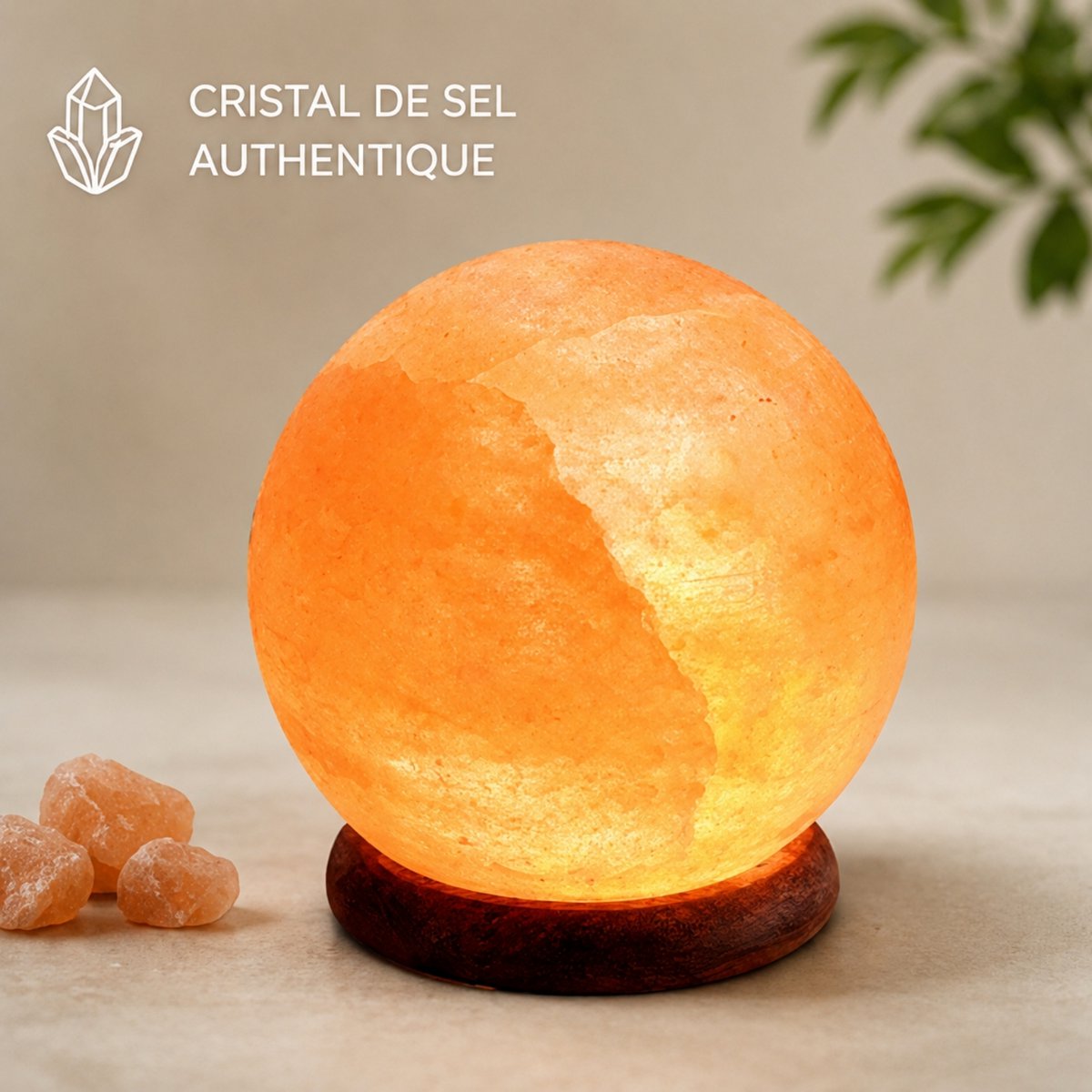 Lampe USB en Cristal de Sel d’Himalaya – Sphère 500g – Base en Bois – Objet de Décoration