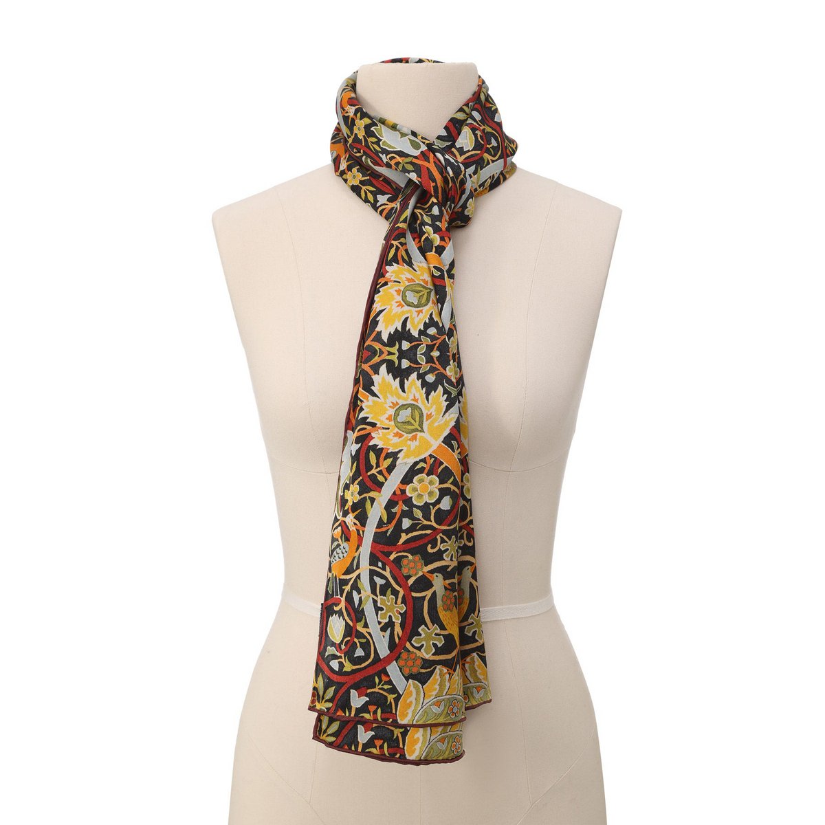 Bufanda de seda floral vintage con motivos adornados de pájaro y floración
