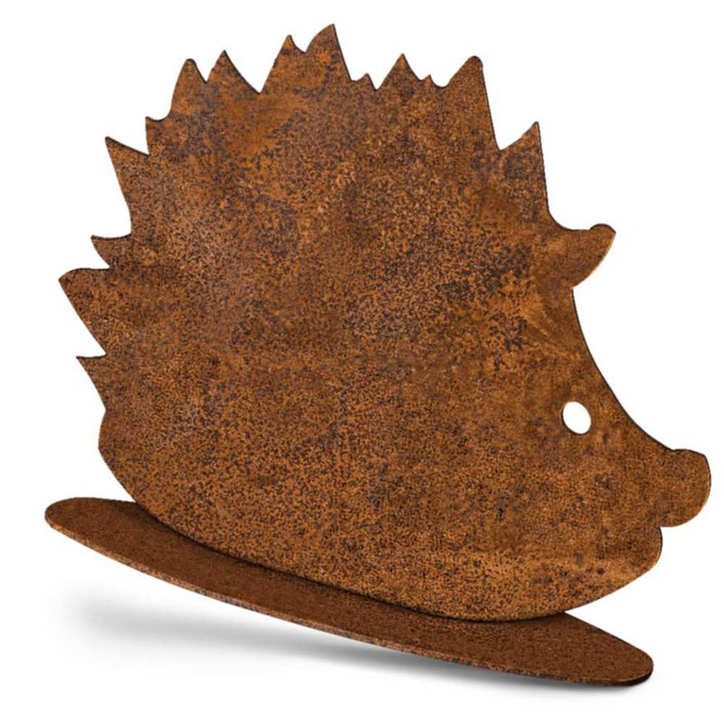 Metalen decoratieve egelfiguren op bodemplaat | Herfstdecoratie roest