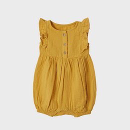 Organic muslin romper with frills in a mustard yellow color, suitable for babies aged 0-24 months.