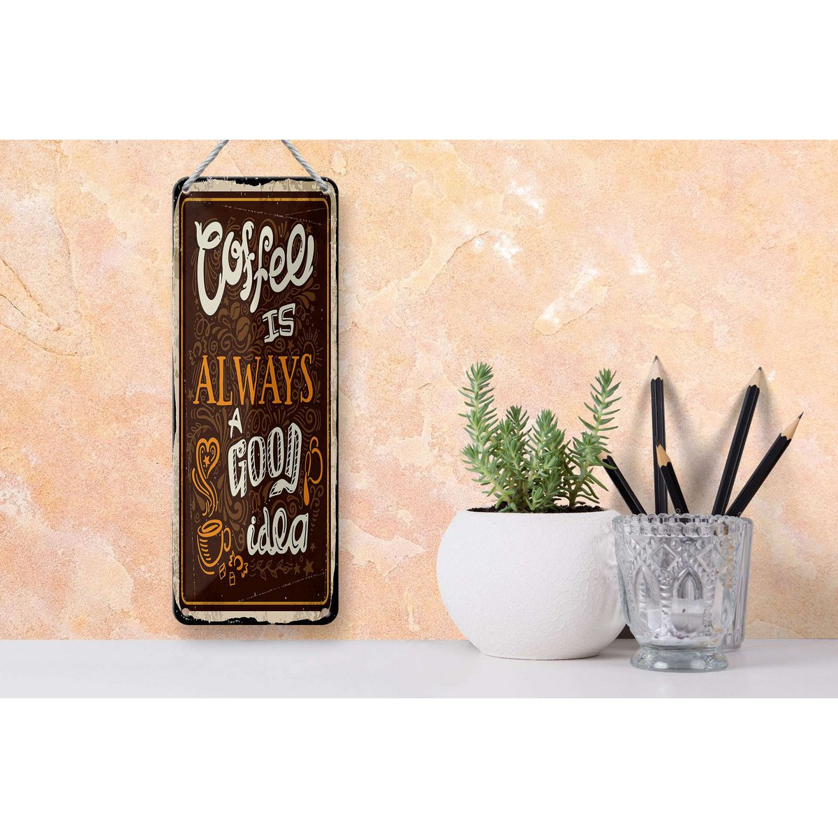 Targa in metallo con scritta 27x10 cm Il caffè è sempre una buona idea decorativa