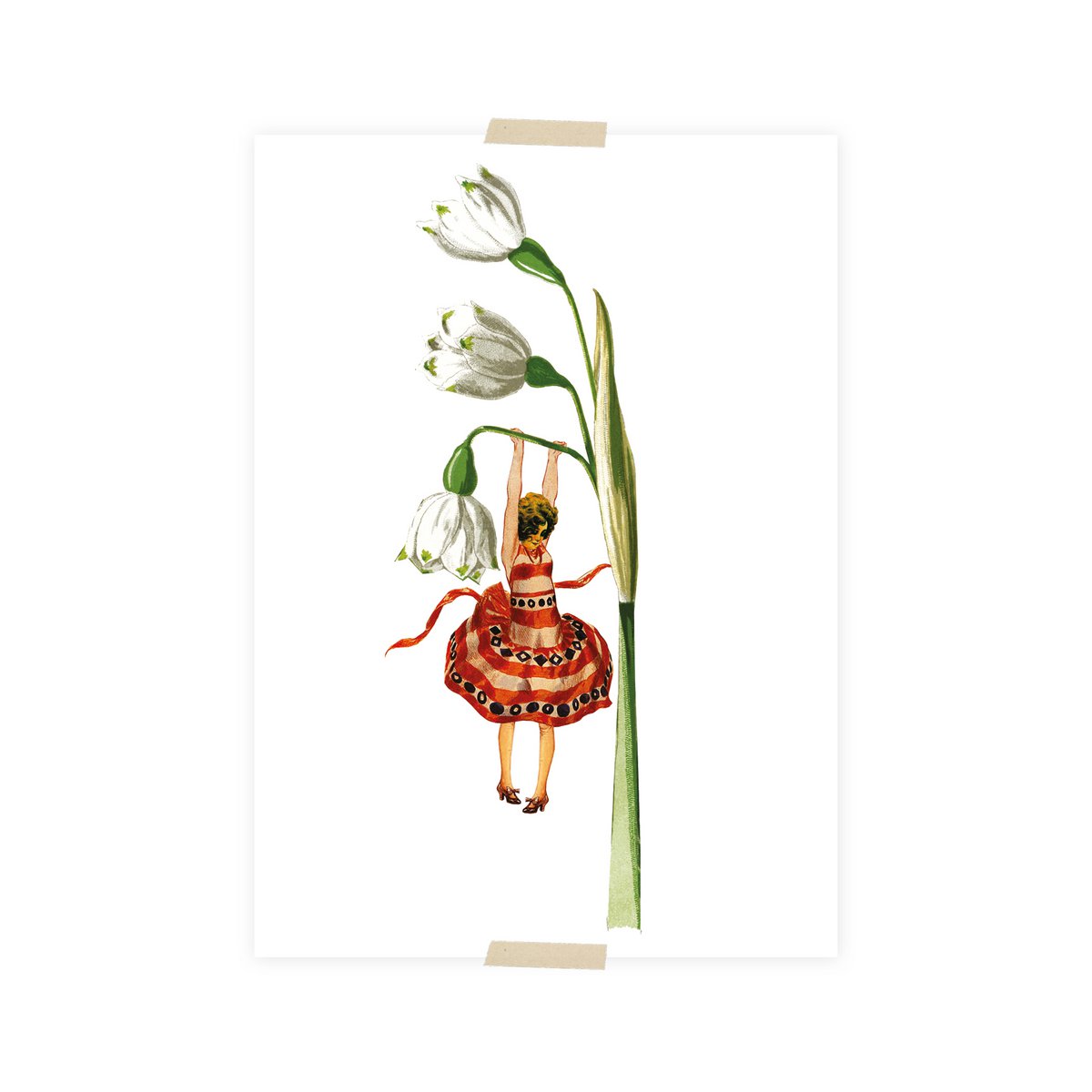 Kleine Dame der Postkartencollage, die an einer Schneeflocke hängt