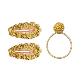 Gold-colored crochet hair clips with a textured, pom-pom-like design. Suitable for kids' hairstyles.