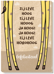 Greeting card with a playful, whimsical design featuring the text "Zij leve hoog" repeated in various sizes and styles, along with a giraffe silhouette. The card is suitable for birthday celebrations.