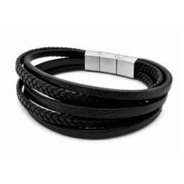 Frank 1967 7FB-0192 – Herrenarmband mit Stahlelement – ​​geflochtenes Leder – mehrschichtig – Länge 21 cm – Schwarz