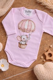Pink baby bodysuit with cute elephant in hot air balloon design, soft cotton fabric.