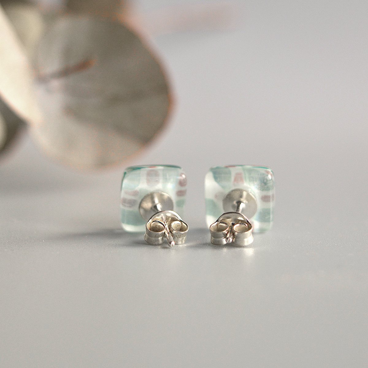 Small glass earrings, Sterling silver posts, Cerulean blue leaves and golden berries