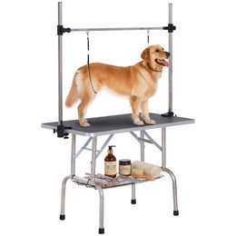  Trimmtisch für Hunde Hundepflegetisch klappbar, Haustierpflegetisch mit höhenverstellbarem Galgen, Schlingen, rutschfest Oberfläche, Schertisch bis 150 kg, 91,5 x 61,5 x 76 cm, Schwarz