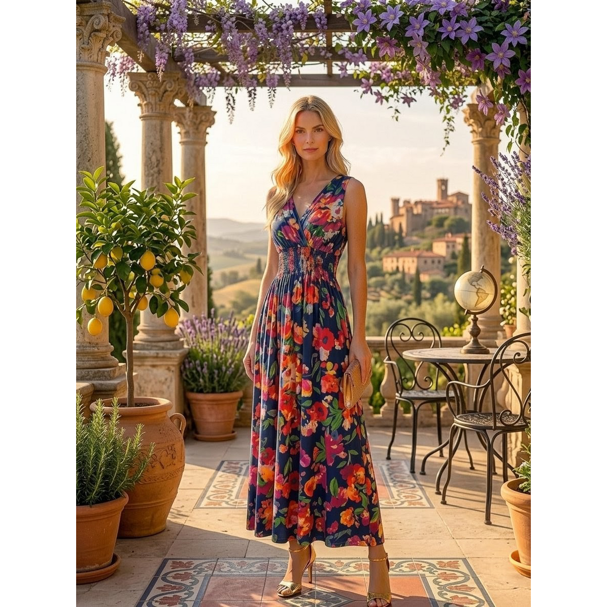 Sukienka maxi „Solar Garden” – kopertowy krój i wysoki stan – 602-58