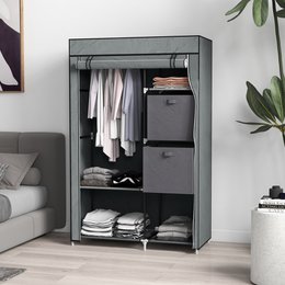 Fabric Closet Storage Solution 4 Shelves 2 Clothes Rails Gray