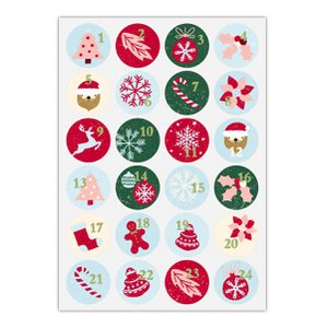 24 retro adventsstickers met de cijfers 1 - 24 op kerstsymbolen, lichtblauw rood groen, MATTE papieren stickers voor adventskalenders (ø 45 mm; 24 cijfers) kleur 3