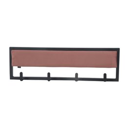 Wall-mounted coat rack, pink velvet upholstered panel, black metal frame, four hooks, modern minimalist style.
