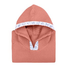 Soft, hooded baby bath poncho in a warm pink honeycomb pattern with a white trim. Ideal for keeping babies cozy and comfortable during bath time.