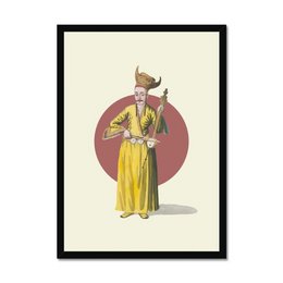 A colorful illustration of a man wearing traditional Middle Eastern or Central Asian clothing, including a long yellow robe and a headdress with horns. The image has a circular background in a warm, earthy tone.