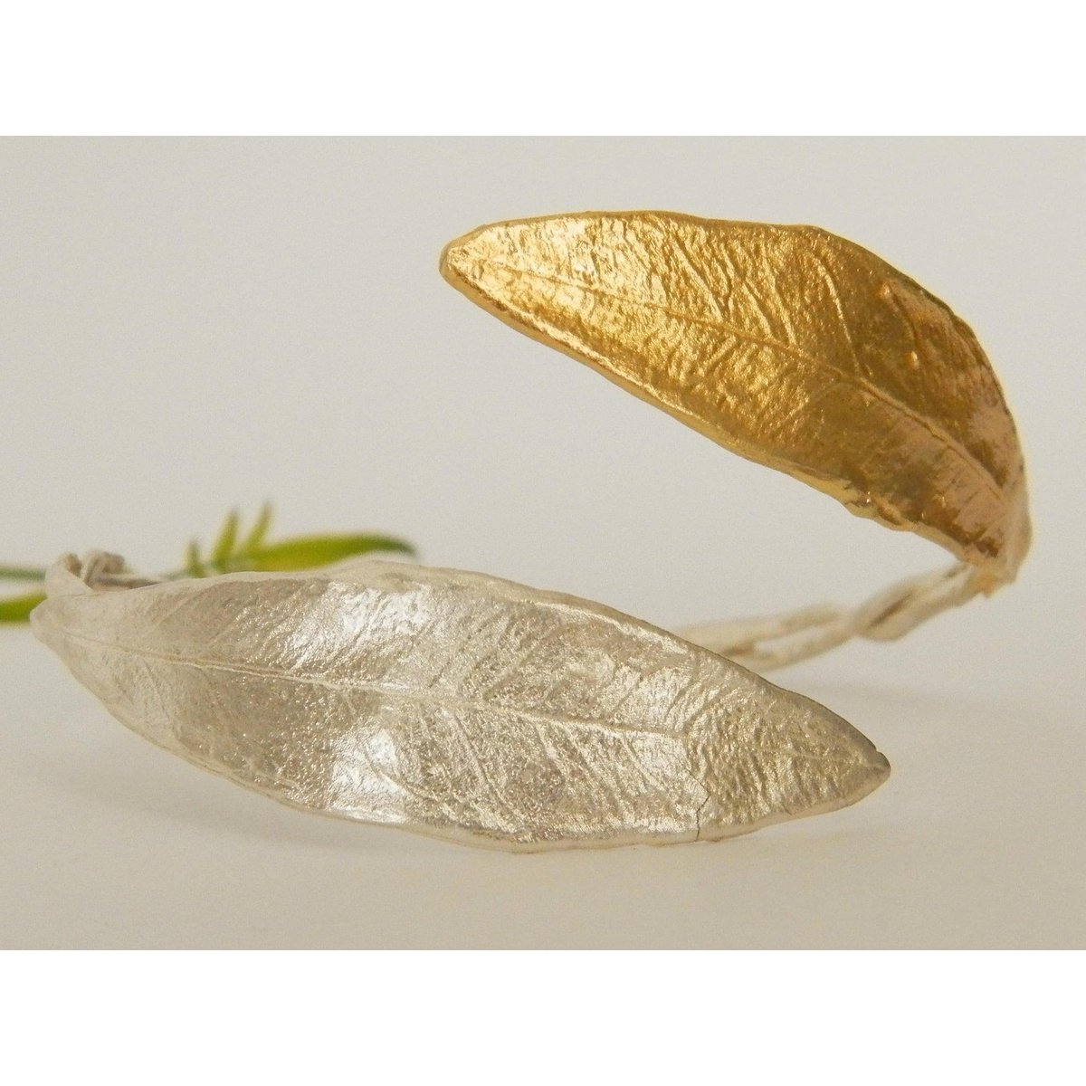 Gold Olive Leaf Bracelet, Gold-Plated Sterling Silver Jewelry, Gold-Silver Cuff, Gift for Her, Birthday Gift for Women, Handmade Jewelry