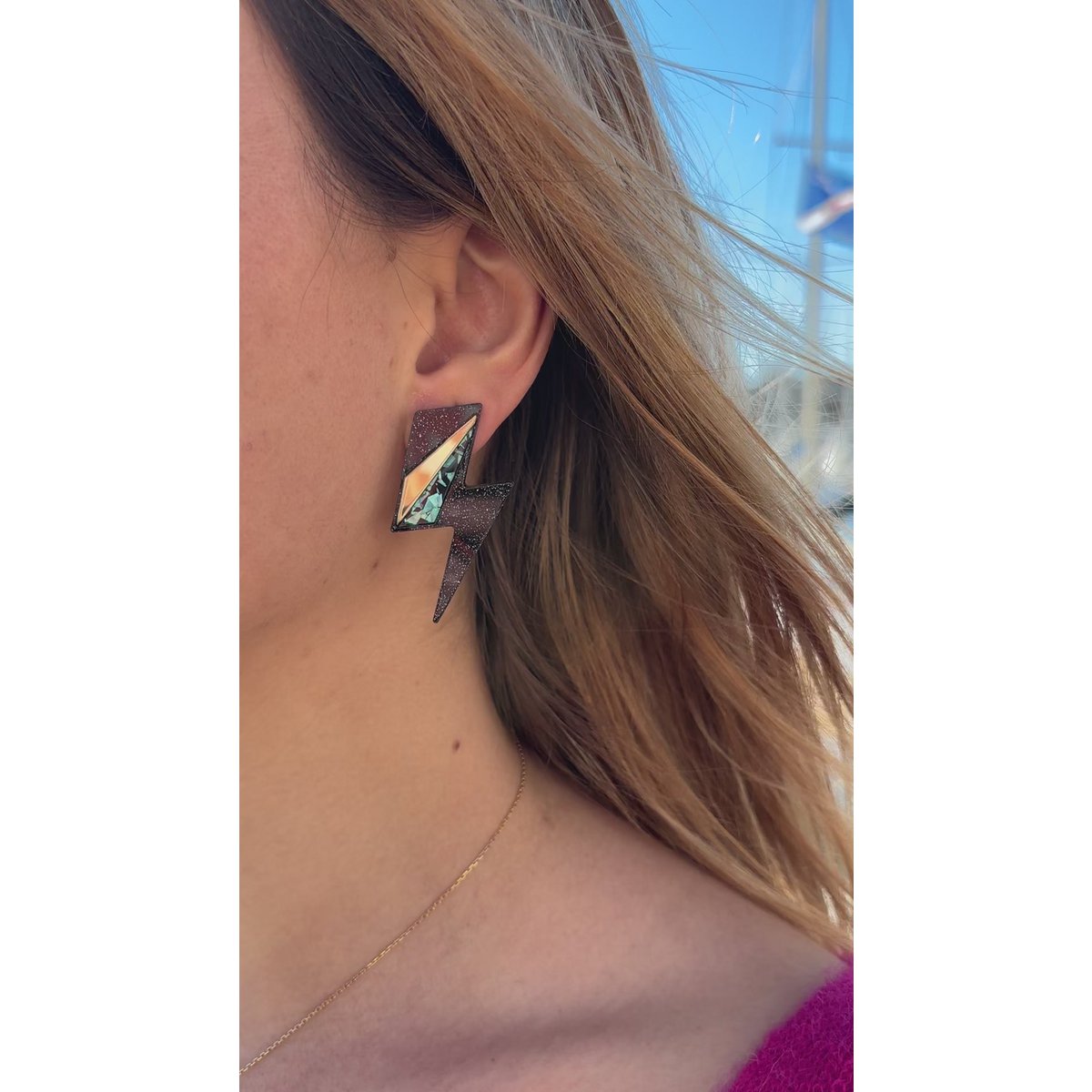 Boucles d'Oreilles Puces Maxi Eclairs Turquoise + Or