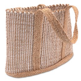 Beige woven tote bag with rope handles, featuring a boho-inspired design.