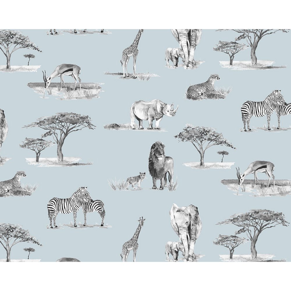 Carta da parati per bambini Safari Animals - Colore blu monocromatico