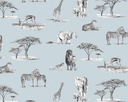 Safari Dieren Kinderbehang - Blauwe Monochrome Kleur