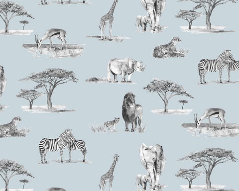 Safaritiere Kindertapete - Blaue Monochrome Farbe