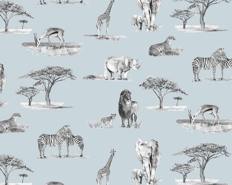 Carta da parati per bambini Safari Animals - Colore blu monocromatico
