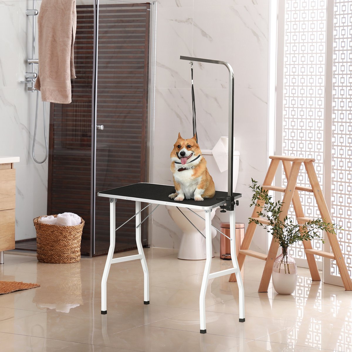  Trimmtisch für Hunde Hundepflegetisch klappbar, Haustierpflegetisch mit höhenverstellbarem Galgen, Schlingen, rutschfest Oberfläche, Schertisch bis 150 kg, 91,5 x 61,5 x 76 cm, Schwarz