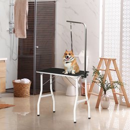  Trimmtisch für Hunde Hundepflegetisch klappbar, Haustierpflegetisch mit höhenverstellbarem Galgen, Schlingen, rutschfest Oberfläche, Schertisch bis 150 kg, 91,5 x 61,5 x 76 cm, Schwarz