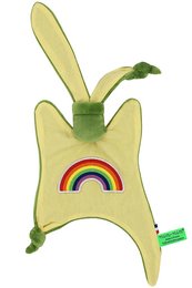 Soft, plush baby blanket in the shape of a yellow rabbit with a rainbow design. Made of high-quality materials for comfort and durability.