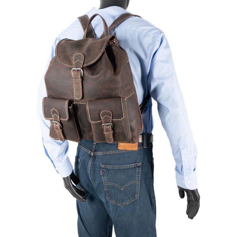 Amplia mochila de cuero de búfalo marrón oscuro: mochila resistente y práctica con suficiente espacio de almacenamiento, ideal para uso diario y aventuras.