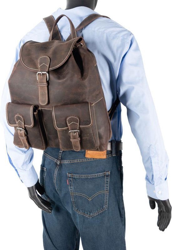 Geräumiger Rucksack aus dunkelbraunem Büffelleder - robuster und praktischer Rucksack mit ausreichender Stauraum, ideal für den täglichen Gebrauch und Abenteuer.