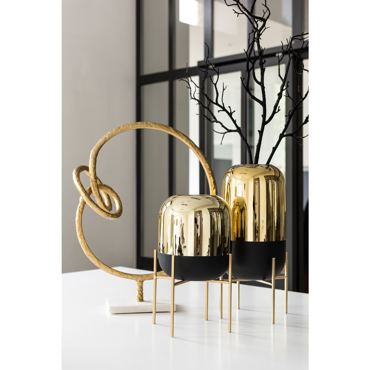 J-Line Laterne On Foot - Kerzenhalter - Glas - Schwarz/Gold - klein