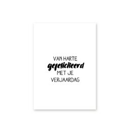  Small birthday card with handwritten text in Dutch "Van harte gefeliciteerd met je verjaardag" meaning "Congratulations on your birthday".