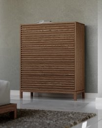 Tall wooden chest with five drawers in a roux finish, featuring a horizontal slatted design.