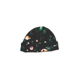 A cozy black beanie with a whimsical space-themed print featuring moons, stars, and planets. This soft, stretchy hat is perfect for keeping little ones warm and stylish.
