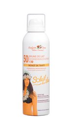 Coconut scented milk mist sunscreen with SPF 50 for broad spectrum protection. Contains natural ingredients like coconut oil and aloe vera.