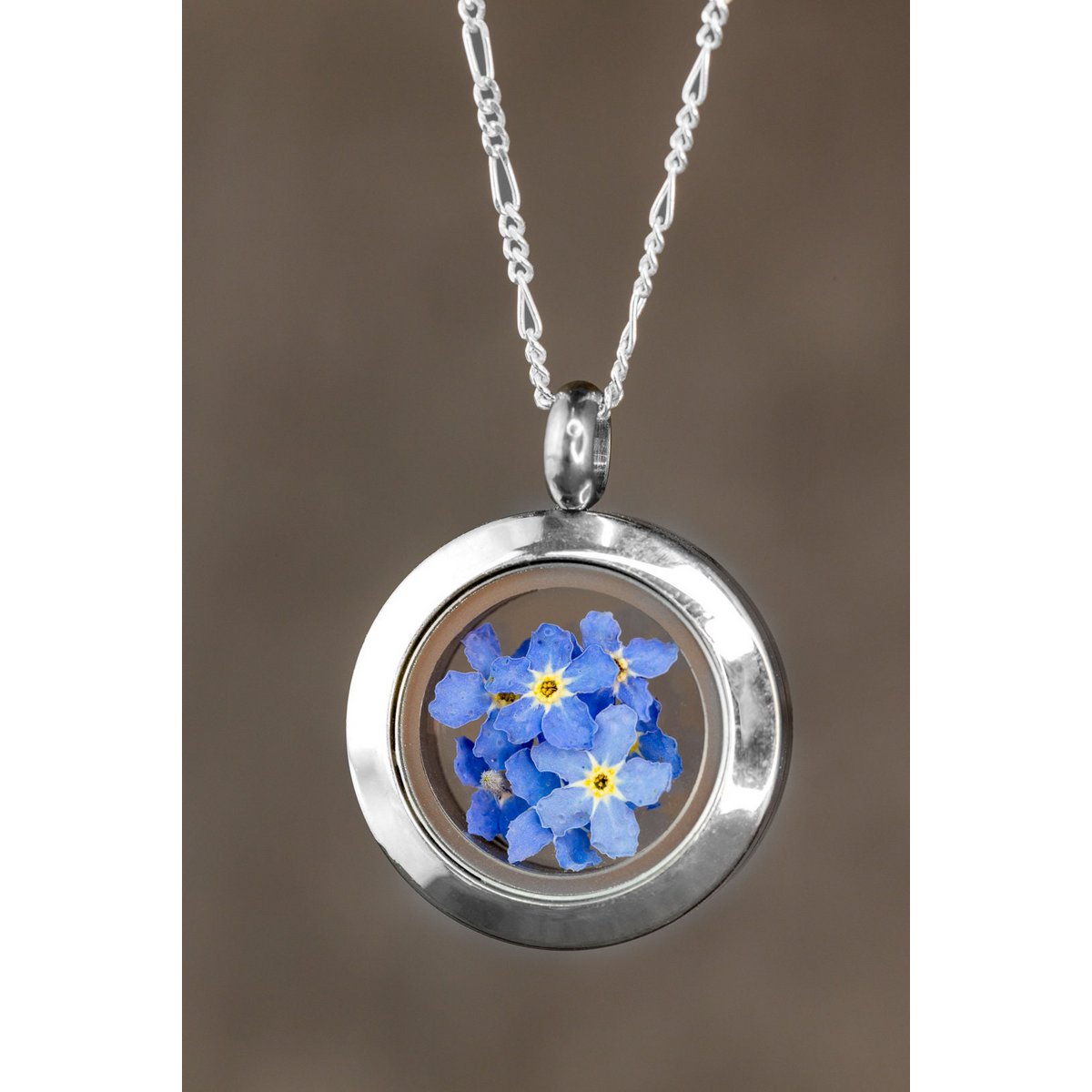Vergeet-mij-niet bloemenmedaillon - glazen medaillon met echte bloemen 925 sterling zilveren ketting - K925-134