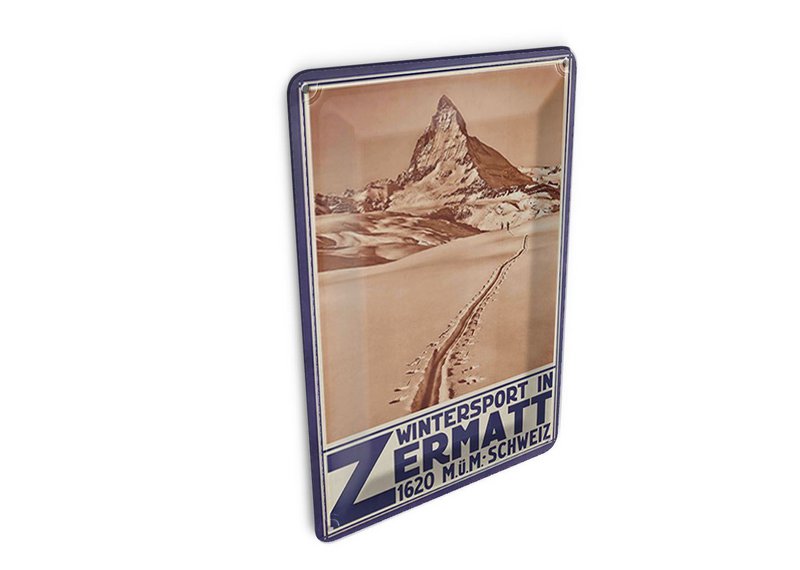 Cartolina in latta da viaggio 10x14 cm Cartello Svizzera sport invernali a Zermatt 1620 m s.l.m
