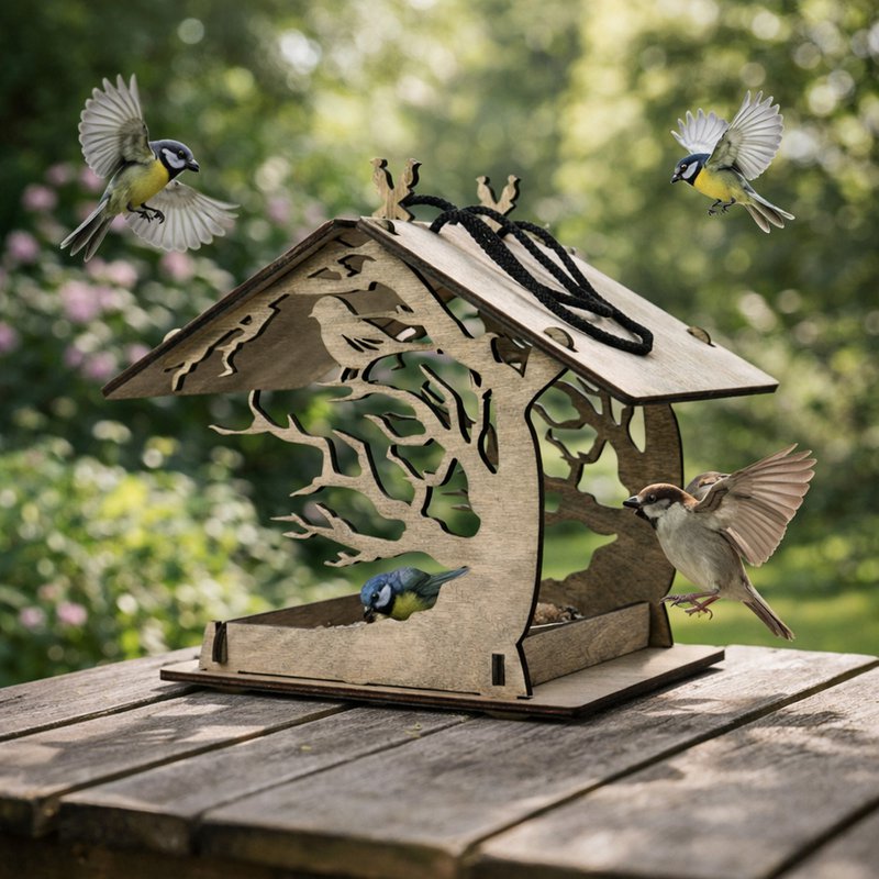 Hängender Vogelfutterspender aus Holz, Futterspender für Vogelfutter im Garten und Hinterhof